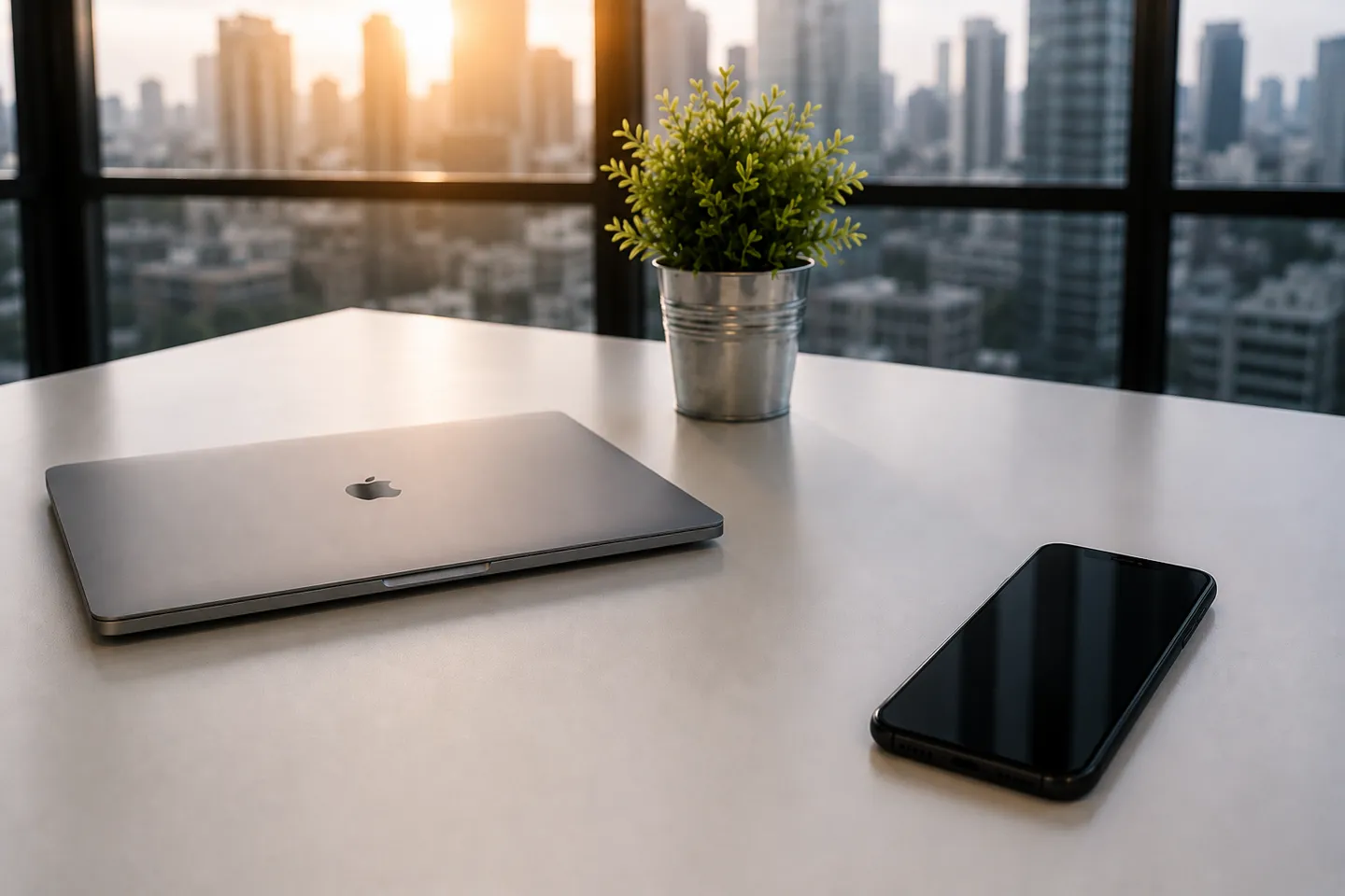 Laptop e celular sobre a mesa, com chamada recebida no celular