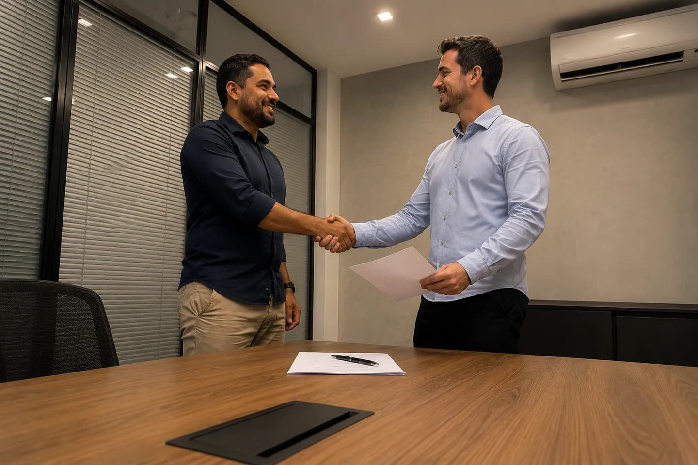 Aperto de mão entre dois profissionais após fechamento de acordo técnico