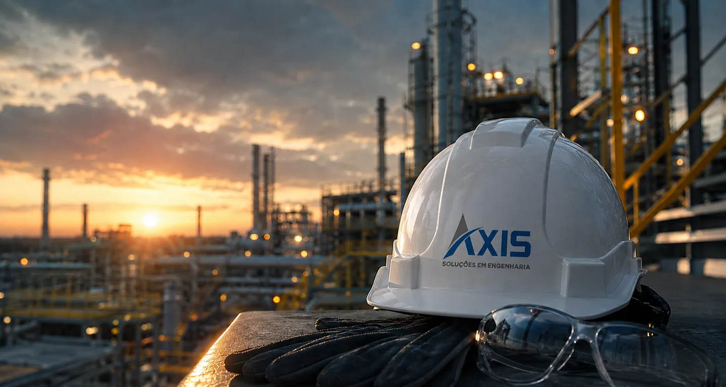 Obra de engenharia mecânica ao lado de capacete de segurança com a marca AXIS